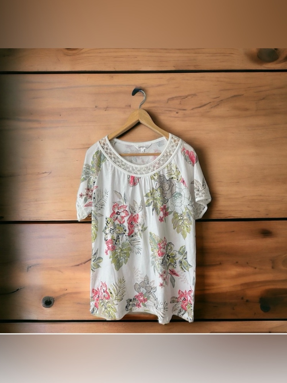 NEW Northern Reflections White Floral Short Sleeve T-Shirt Lace XL Cottage